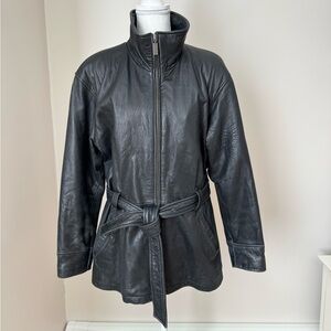 Kenneth Cole Reaction Women's Black Leather Belted Zip Jacket/Coat Size Medium
